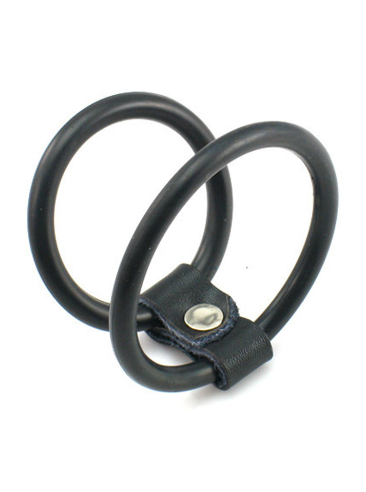 Black silicone double cock ring with two loop sizes and centre snap detail