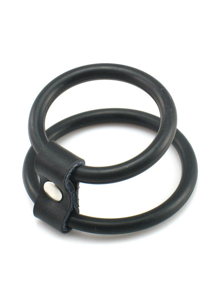 Double loop silicone cock and ball ring with snap connector on white background