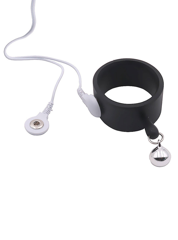 Black silicone e-stim cock ring with snap connector, lead cable and hanging metal bell