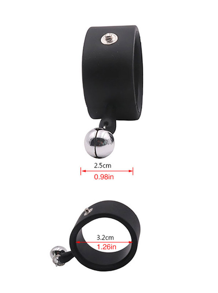 32 mm (1.26 in) black silicone e-stim cock ring with 25 mm (0.98 in) metal bell