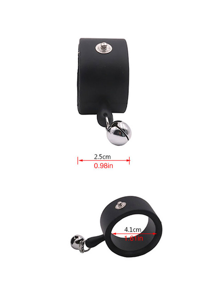 41 mm (1.61 in) black silicone e-stim cock ring with 25 mm (0.98 in) metal bell