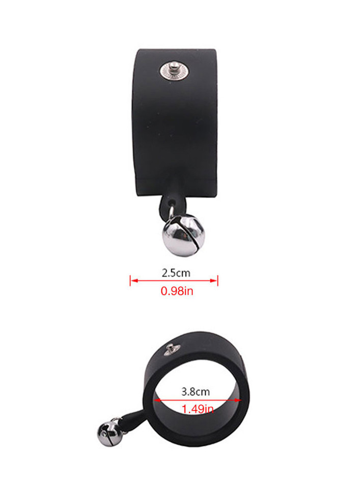 38 mm (1.49 in) black silicone e-stim cock ring with 25 mm (0.98 in) metal bell