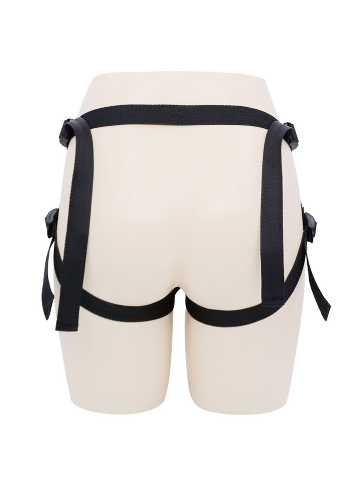 Back view of open back strap-on harness showing adjustable waist and thigh strap layout.