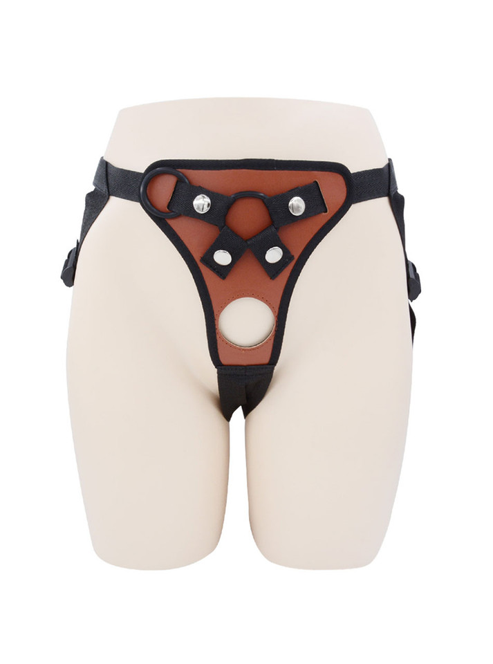 Front view of Brown faux leather strap-on harness with round front opening and metal hardware.
