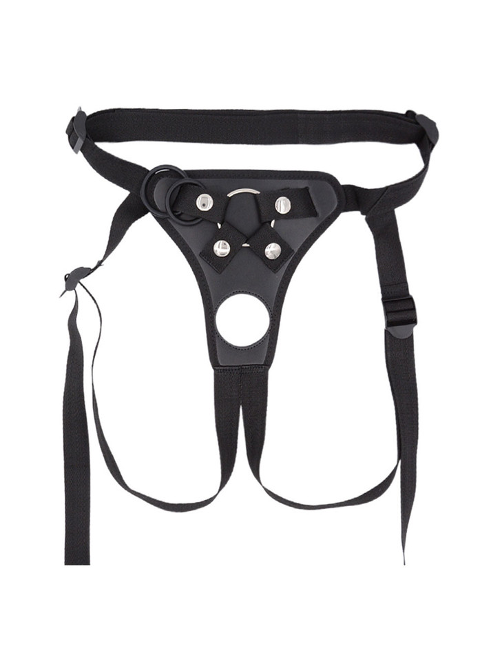 Black open back strap-on harness with adjustable straps, front rings and snap hardware.
