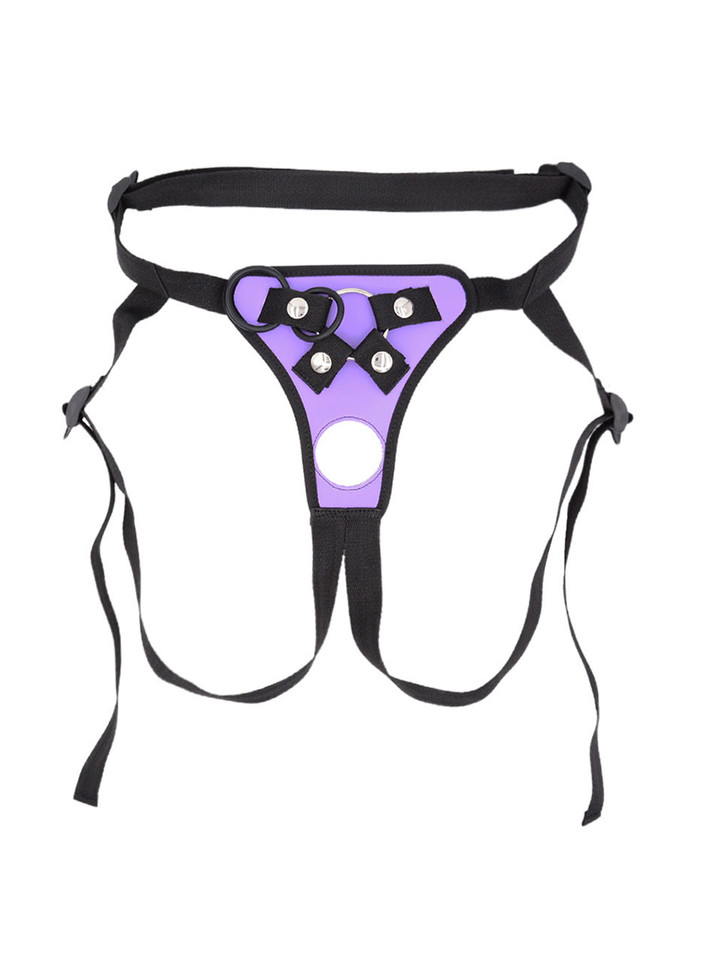 Purple open back strap-on harness with adjustable straps, front rings and snap hardware.