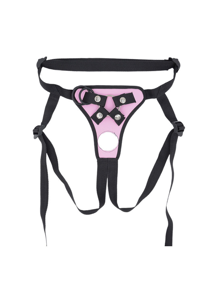 Pink open back strap-on harness with adjustable straps, front rings and snap hardware.
