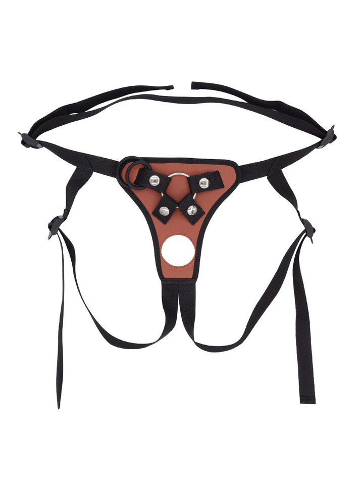 Brown open back strap-on harness with adjustable straps, front rings and snap hardware.
