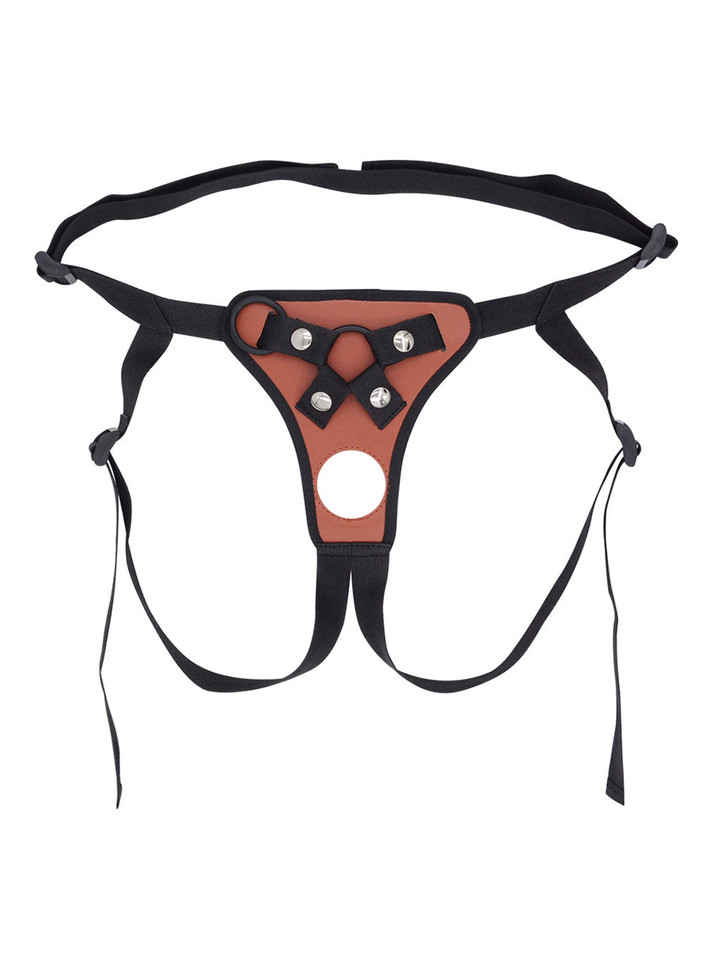 Flat lay of Brown faux leather strap-on harness with front opening, strap details and black trim.
