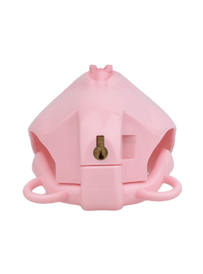 pink locking resin vagina chastity cage rear lock detail