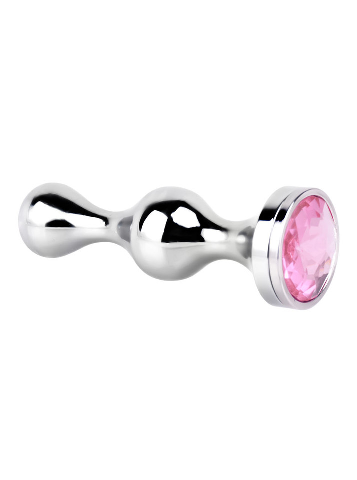 silver 304 stainless steel butt plug with pink gem base angled view