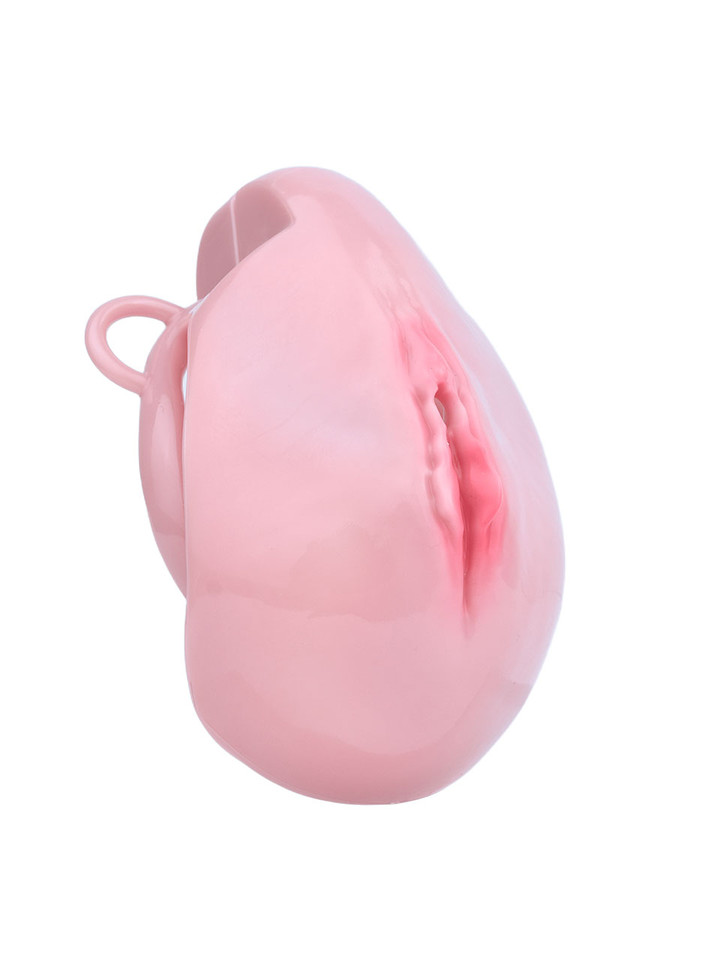 pink resin vagina chastity cage close-up side view showing realistic front detail