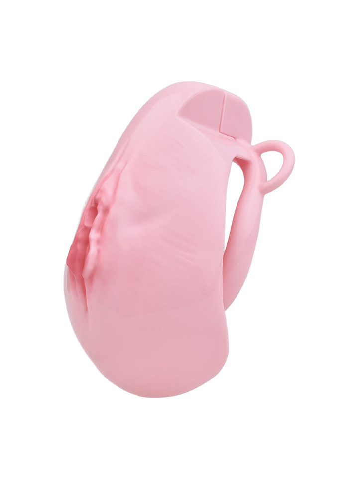 pink resin vagina chastity cage angled side view showing curved cage shape