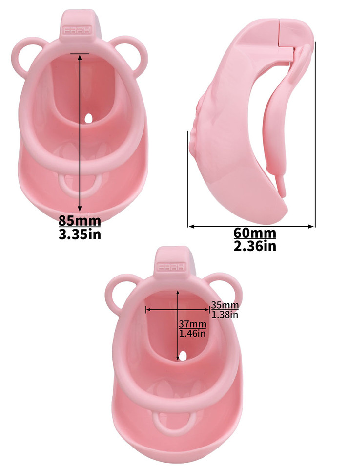 pink resin vagina chastity cage size diagram showing 85 mm (3.35 in) length, 60 mm (2.36 in) depth, and 35 x 37 mm (1.38 x 1.46 in) internal opening