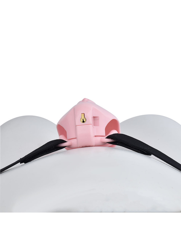 pink locking resin vagina chastity cage rear lock and belt connection detail on mannequin