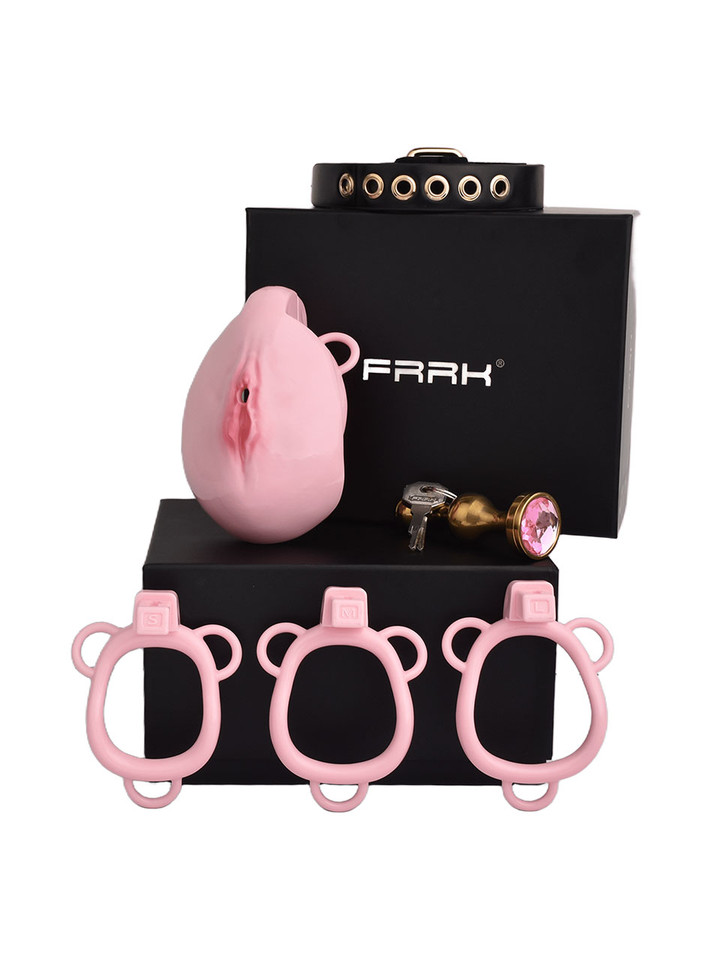pink resin vagina chastity cage set with belt, rings, lock, keys, and gold plug displayed with black gift box