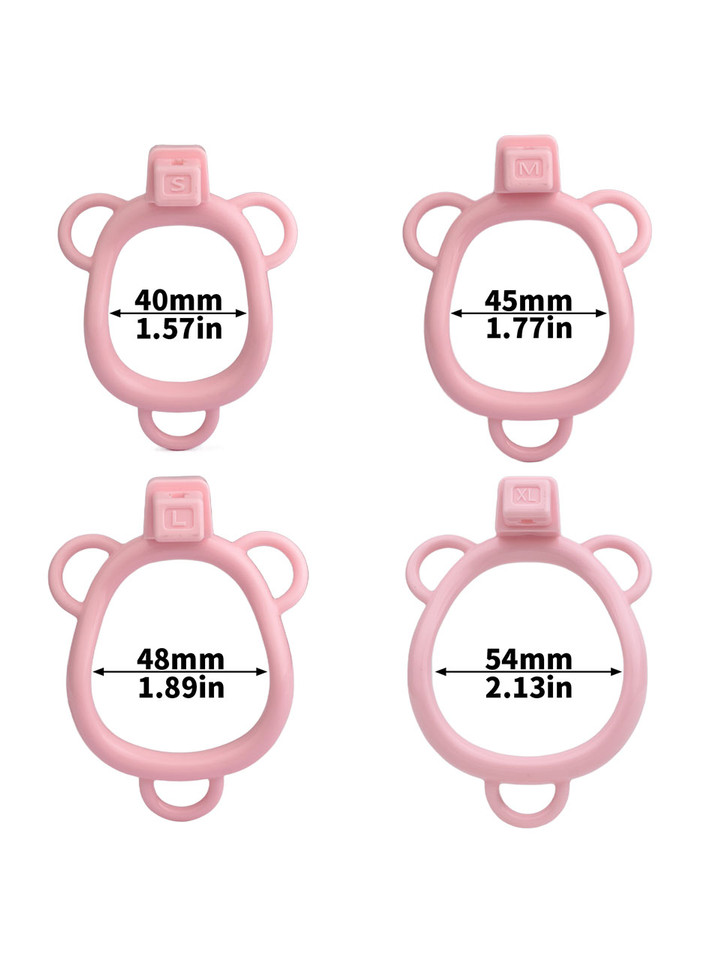 pink resin chastity cage ring size chart showing 40 mm (1.57 in), 45 mm (1.77 in), 48 mm (1.89 in), and 54 mm (2.13 in)
