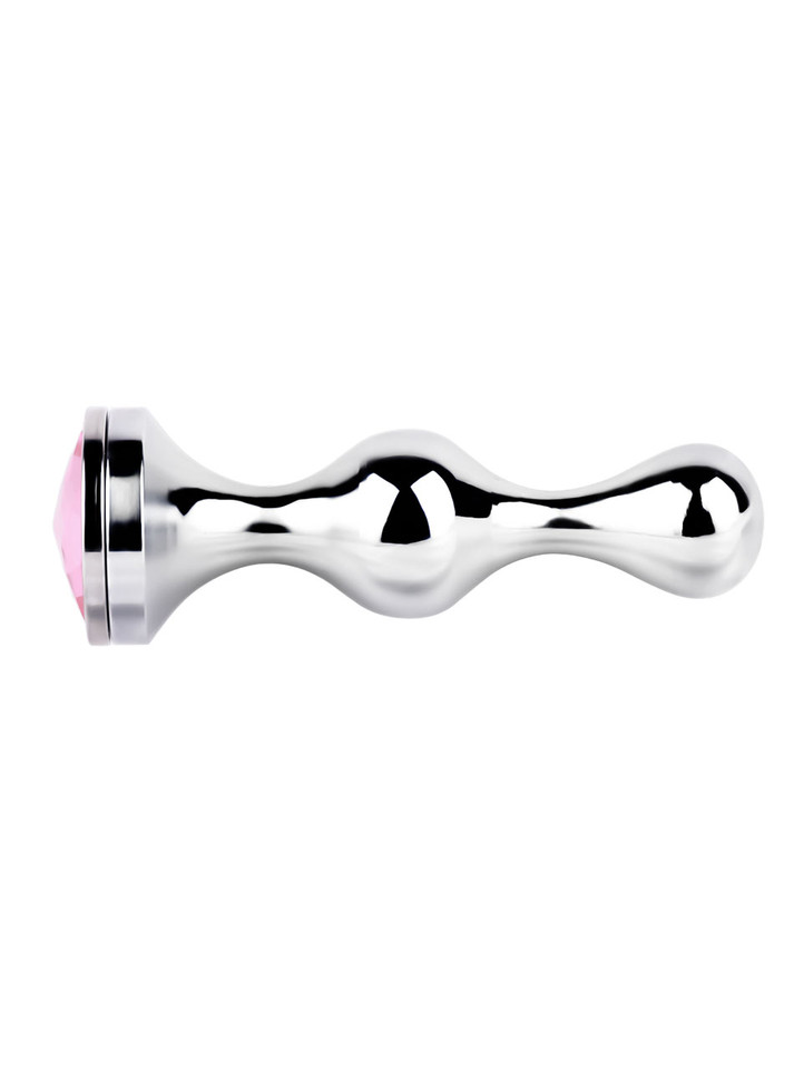 silver 304 stainless steel butt plug with pink gem base side view