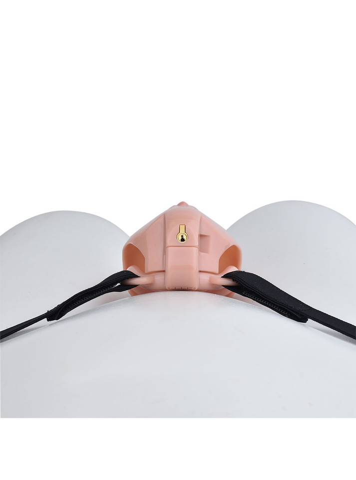nude locking resin vagina chastity cage rear lock and belt connection detail on mannequin