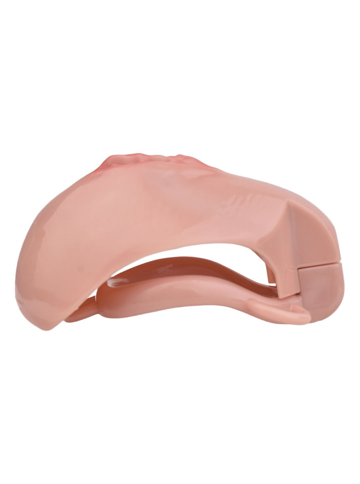 nude resin vagina chastity cage horizontal side view showing curved structure
