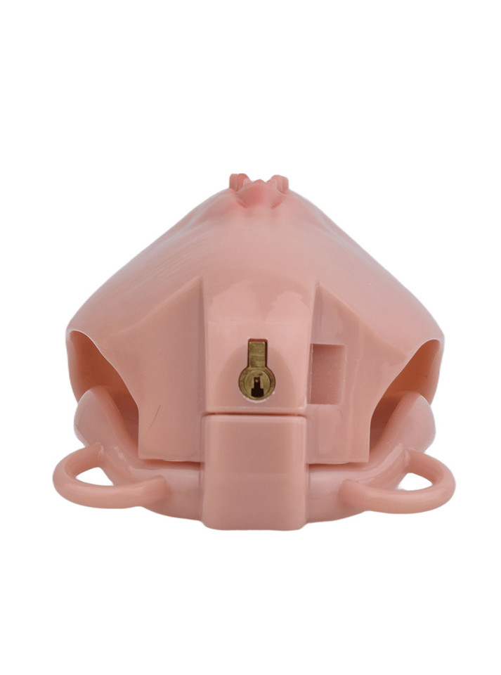 nude locking resin vagina chastity cage rear lock detail