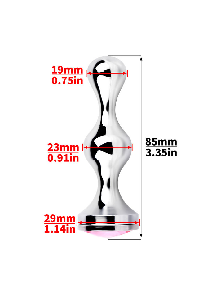 silver 304 stainless steel butt plug size chart showing 85 mm (3.35 in) length, 19 mm (0.75 in) tip, 23 mm (0.91 in) widest section, and 29 mm (1.14 in) base