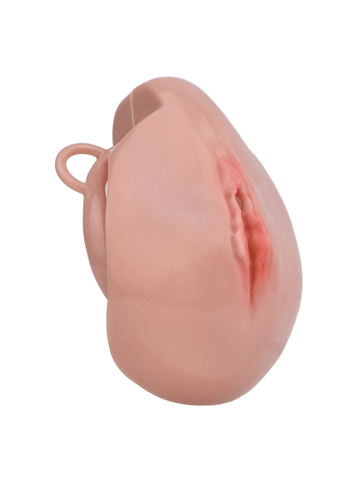 nude resin vagina chastity cage close-up side view showing realistic front detail