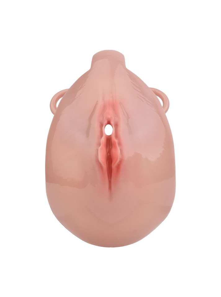 nude resin vagina chastity cage front view with realistic sculpted detail