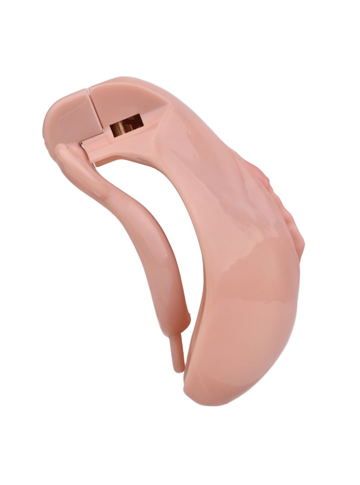 nude resin vagina chastity cage angled product view with locking top section