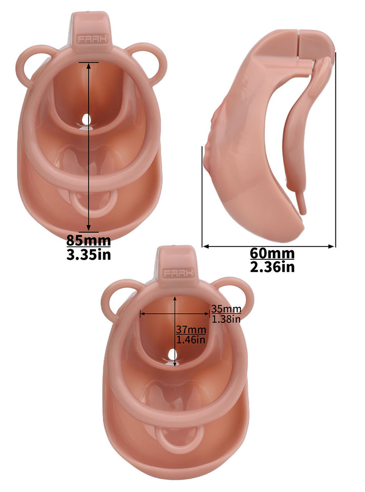nude resin vagina chastity cage size diagram showing 85 mm (3.35 in) length, 60 mm (2.36 in) depth, and 35 x 37 mm (1.38 x 1.46 in) internal opening