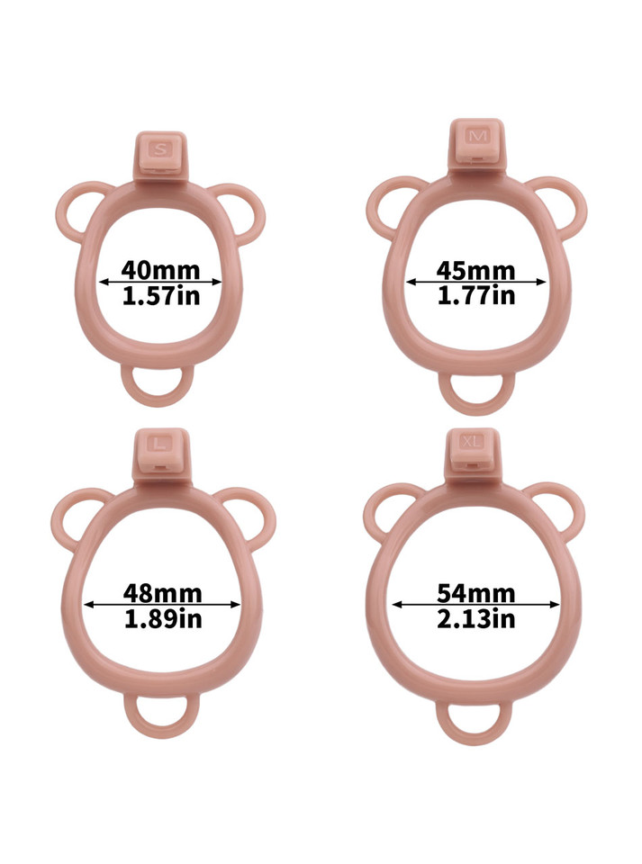 nude resin chastity cage ring size chart showing 40 mm (1.57 in), 45 mm (1.77 in), 48 mm (1.89 in), and 54 mm (2.13 in)