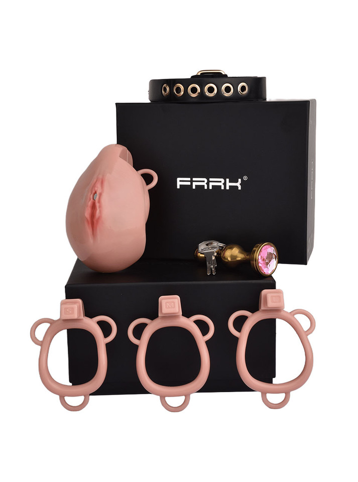 nude resin vagina chastity cage set with belt, rings, lock, keys, and gold plug displayed with black gift box