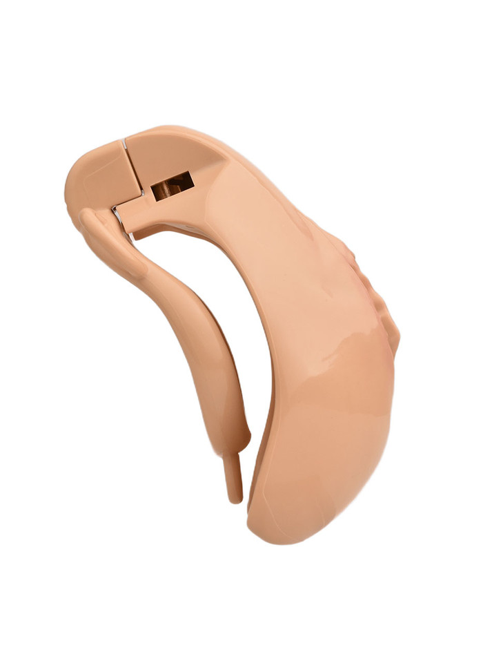 tan resin vagina chastity cage angled product view with locking top section