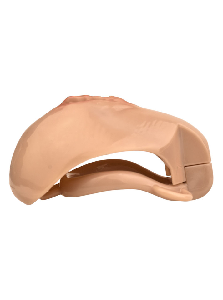 tan resin vagina chastity cage horizontal side view showing curved structure