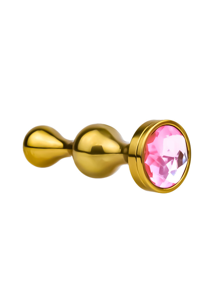 gold 304 stainless steel butt plug with pink gem base side view