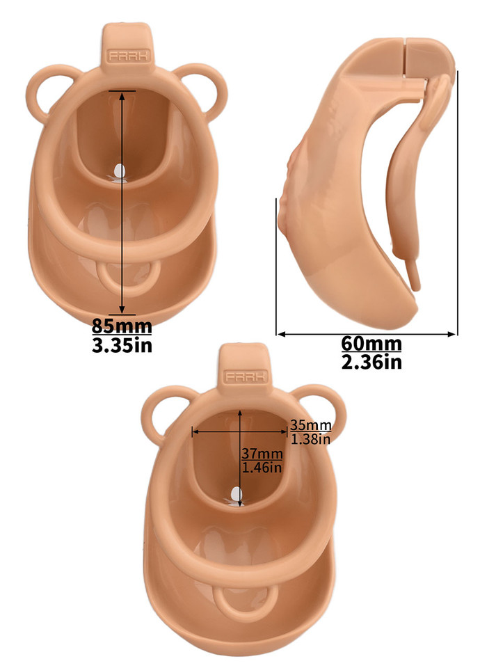 tan resin vagina chastity cage size diagram showing 85 mm (3.35 in) length, 60 mm (2.36 in) depth, and 35 x 37 mm (1.38 x 1.46 in) internal opening