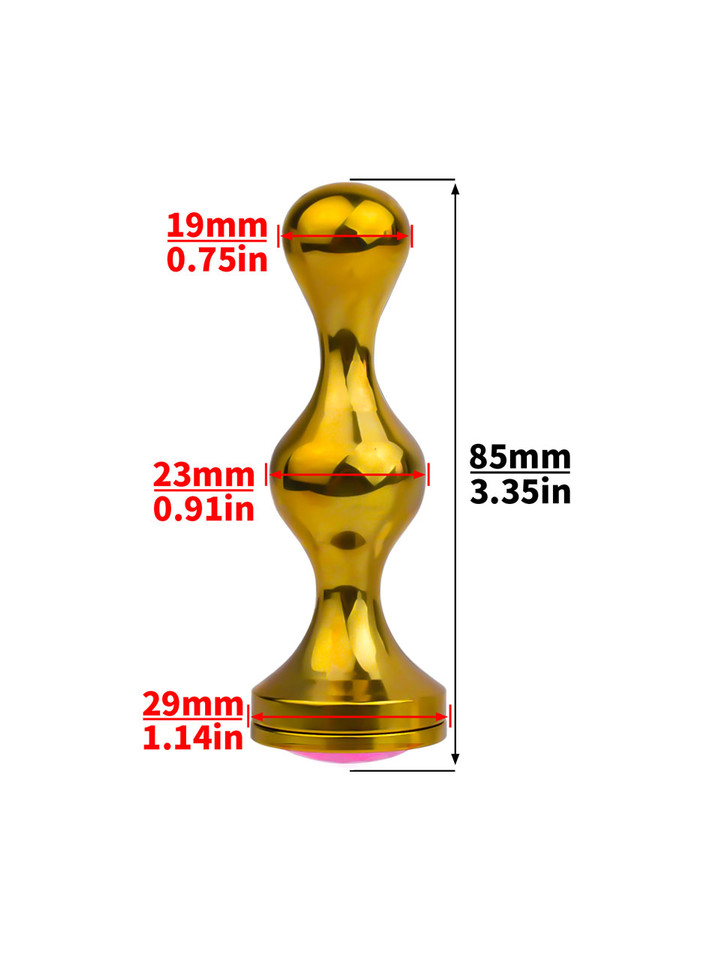 gold 304 stainless steel butt plug size chart showing 85 mm (3.35 in) length, 19 mm (0.75 in) tip, 23 mm (0.91 in) widest section, and 29 mm (1.14 in) base
