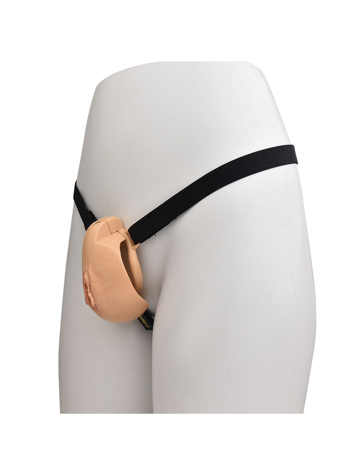 tan locking resin vagina chastity cage with black adjustable belt side view on mannequin