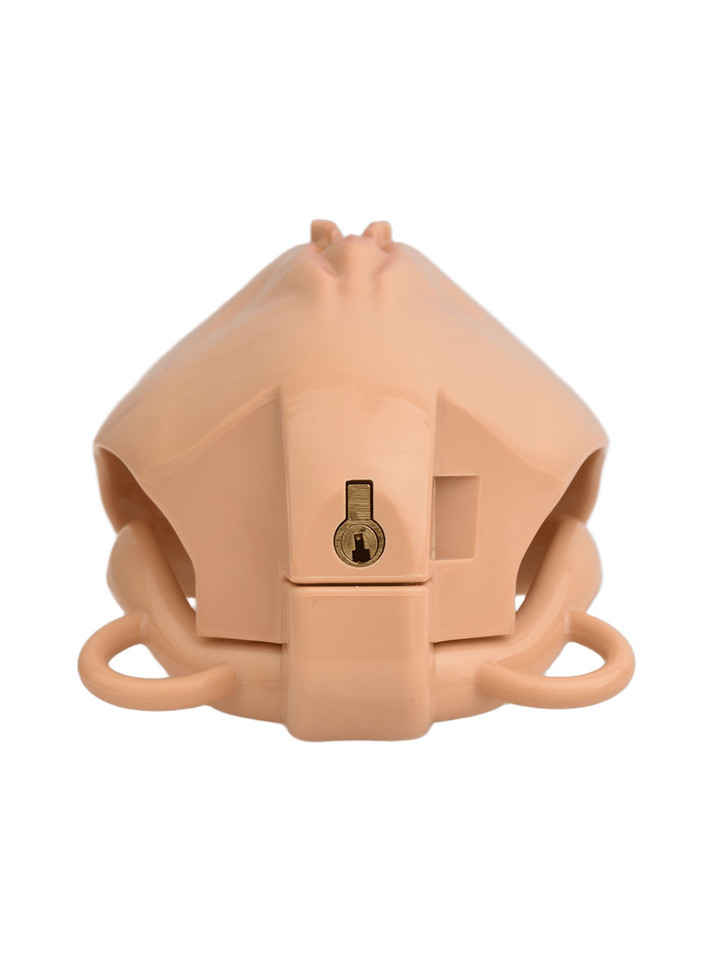 tan locking resin vagina chastity cage rear lock detail