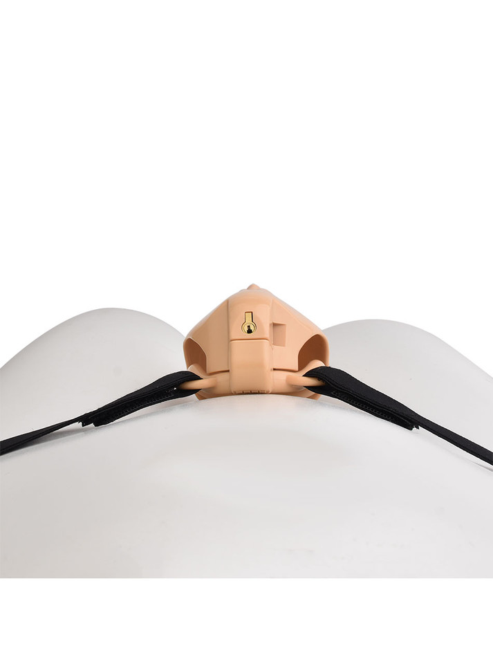 tan locking resin vagina chastity cage rear lock and belt connection detail on mannequin