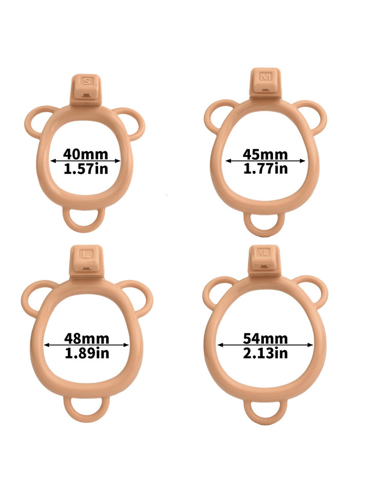 tan resin chastity cage ring size chart showing 40 mm (1.57 in), 45 mm (1.77 in), 48 mm (1.89 in), and 54 mm (2.13 in)