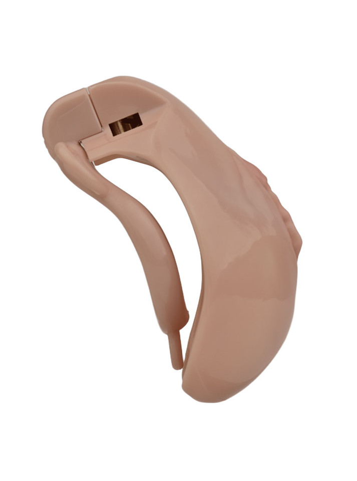 Deep Nude resin vagina chastity cage angled product view with locking top section