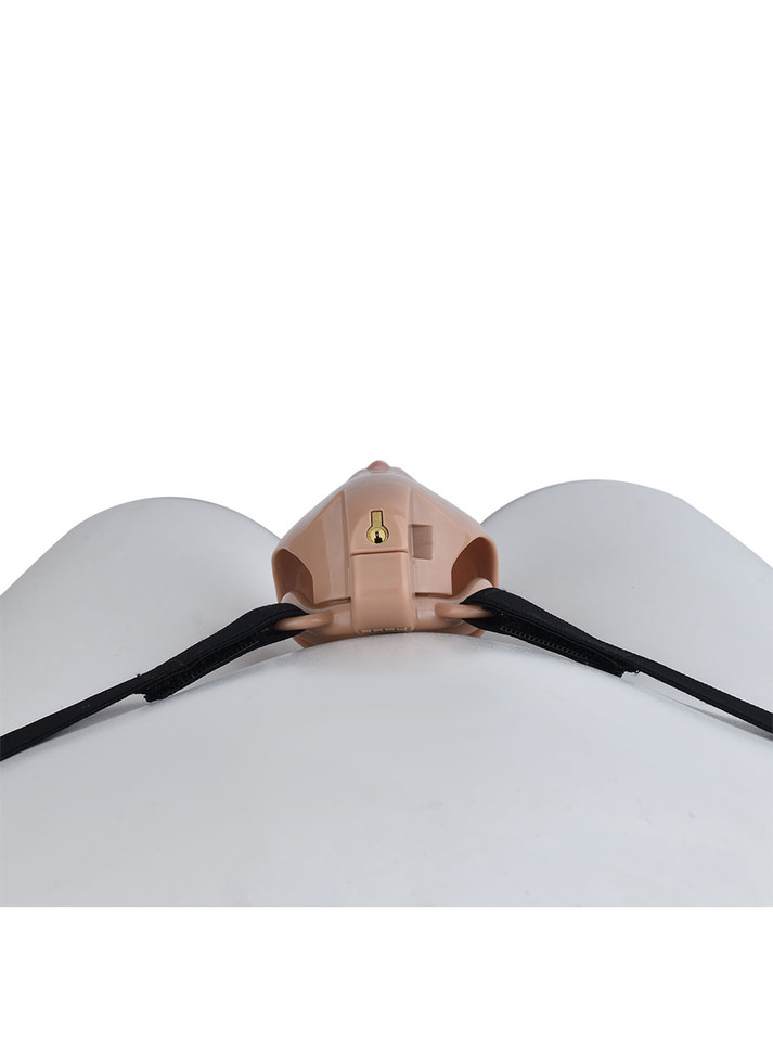 Deep Nude locking resin vagina chastity cage rear lock and belt connection detail on mannequin
