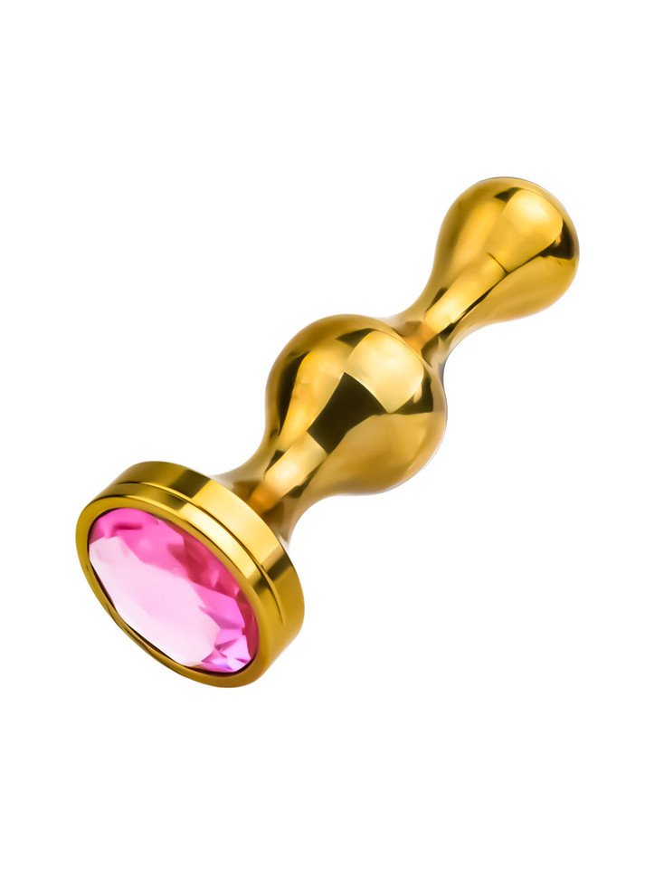 gold 304 stainless steel butt plug with pink gem base angled view