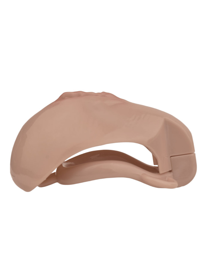 Deep Nude resin vagina chastity cage horizontal side view showing curved structure