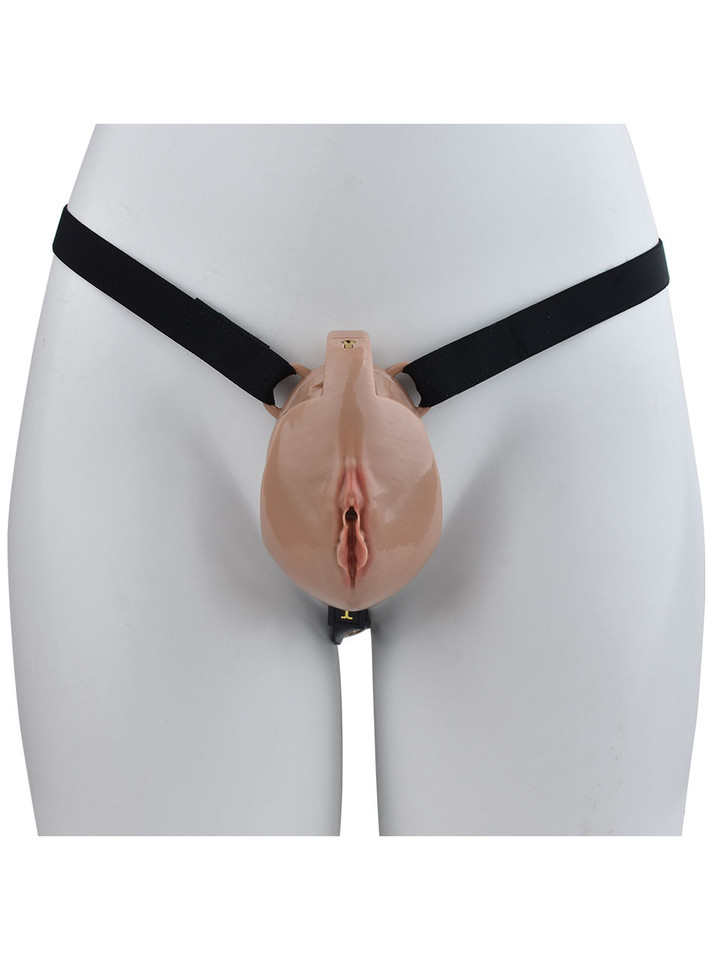 Deep Nude locking resin vagina chastity cage with black adjustable belt on mannequin front view