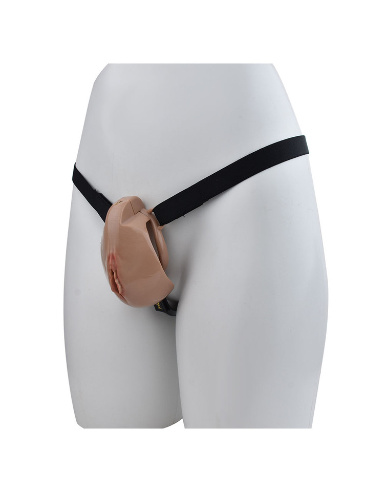 Deep Nude locking resin vagina chastity cage with black adjustable belt side view on mannequin