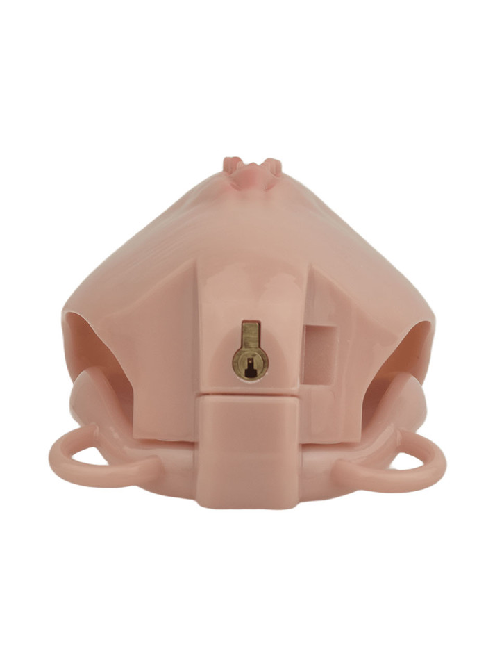 Deep Nude locking resin vagina chastity cage rear lock detail