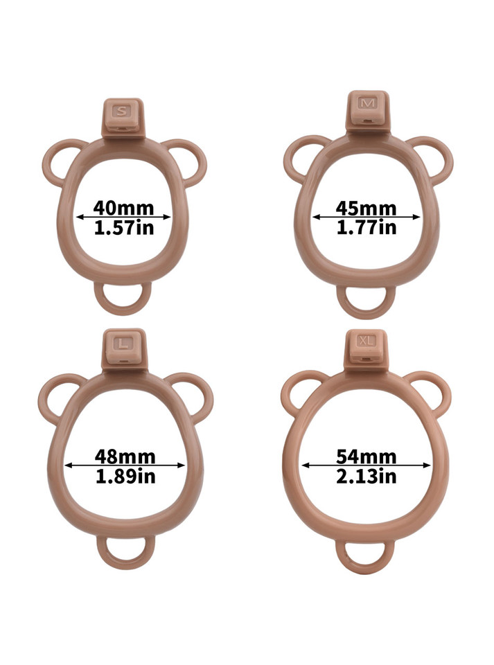 Deep Nude resin chastity cage ring size chart showing 40 mm (1.57 in), 45 mm (1.77 in), 48 mm (1.89 in), and 54 mm (2.13 in)