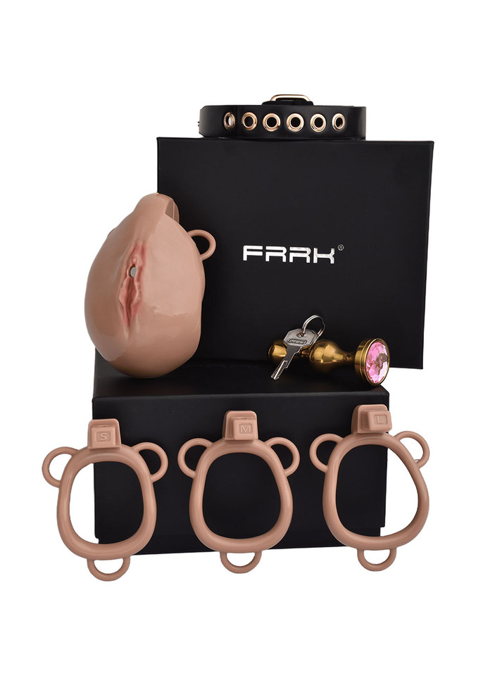 Deep Nude resin vagina chastity cage set with belt, rings, lock, keys, and gold plug displayed with black gift box